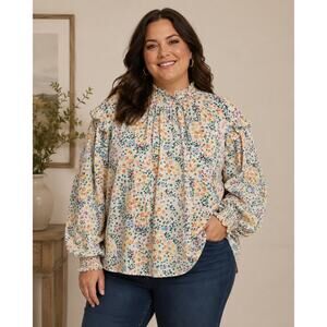 Summer Salt White Floral Long Sleeve Blouse Preppy Office Womens Plus 1xl